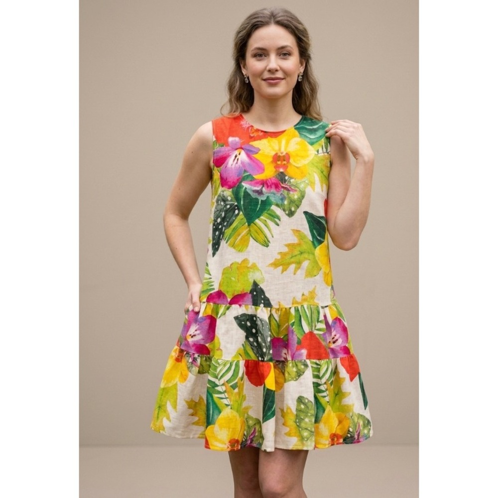 Allegra Masetti Firenze Linen Tropical Floral Tiered Shift Dress‎ Italy Small